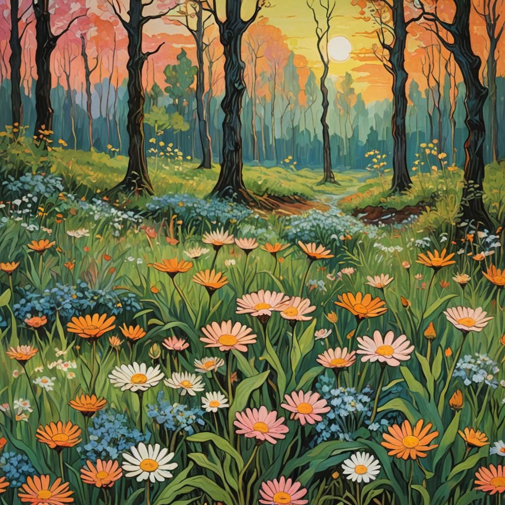 Lush Forest Sunrise in Post-Impressionist Style