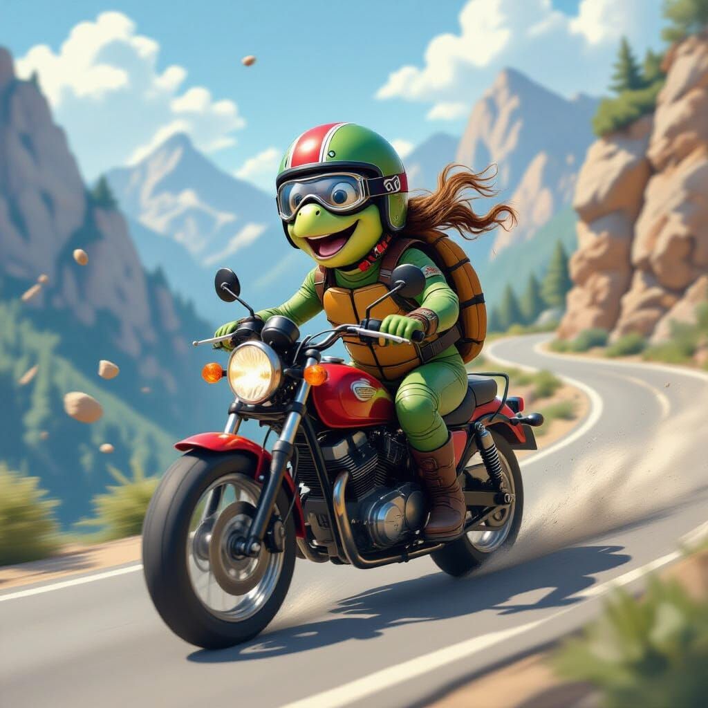 Turtle on Motorcycle: Hyperrealistic Illustration in Mark Ry...