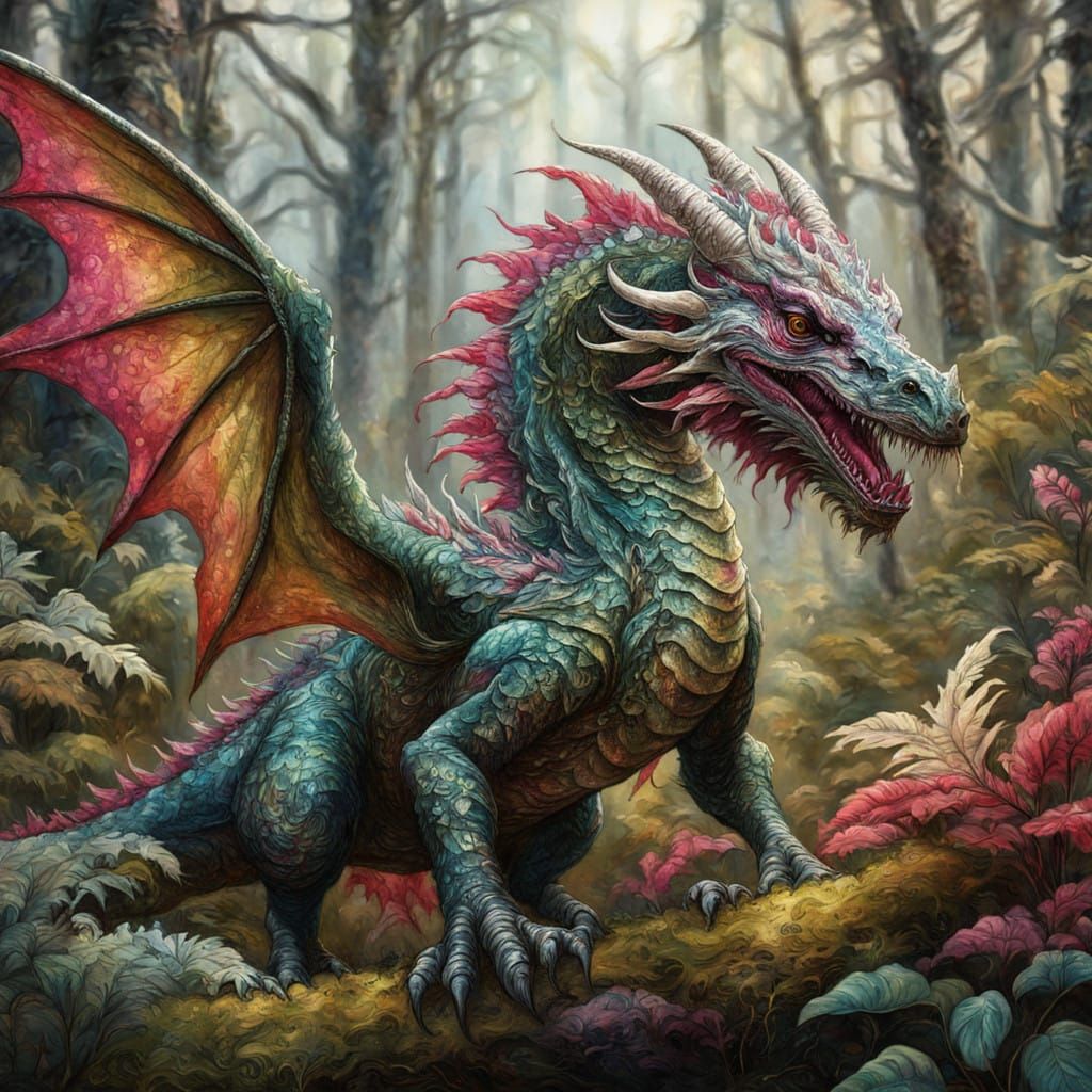Fantastical Baby Wyvern in Whimsical Birch Forest