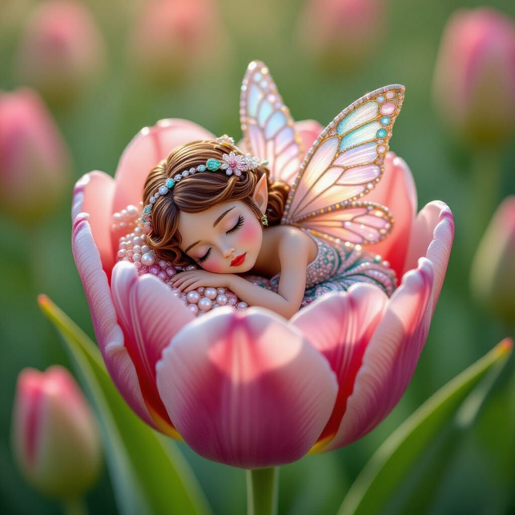 Beaded Fairy Asleep in Tulip Flower