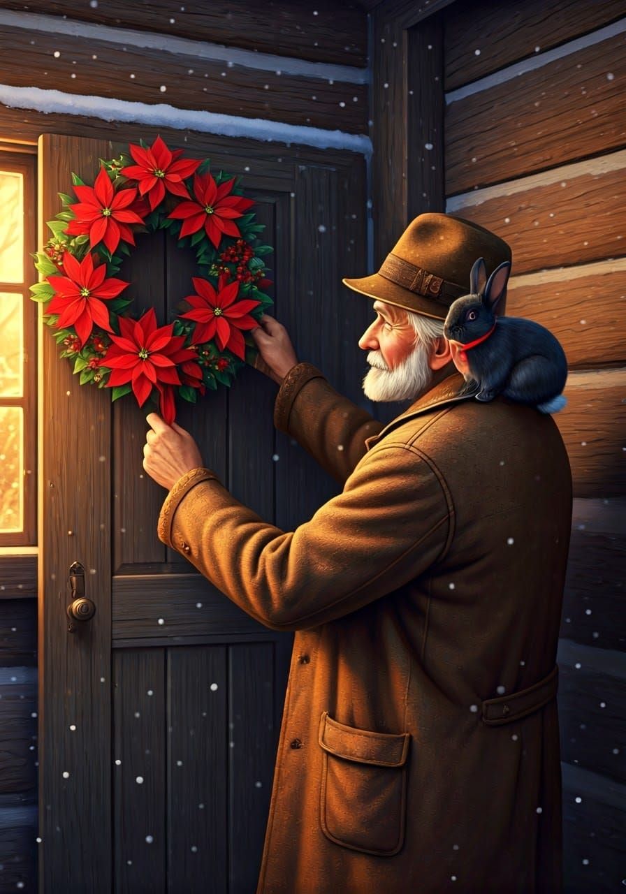 Elderly Gentleman Hangs Poinsettia Wreath on Cozy Log Cabin...
