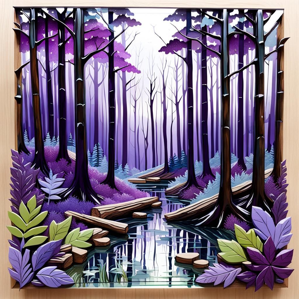 Vibrant Wood and Glass Forest Scene in Rich Purples