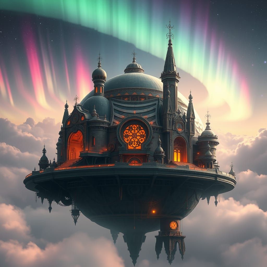 Surreal Steampunk Planet with Majestic Aurora