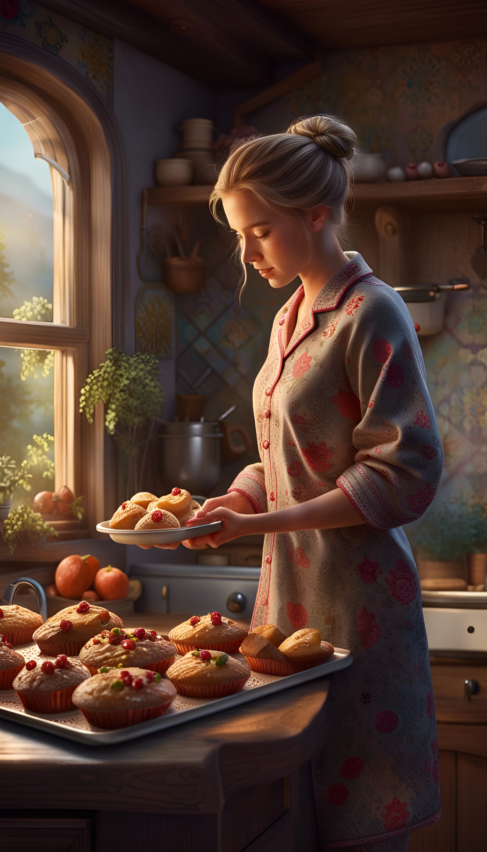 Cozy Kitchen: Woman Baking Fresh Muffins