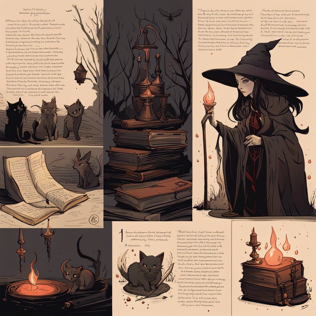 Witch's Book Pages with Sketches in Dark Fantasy Art