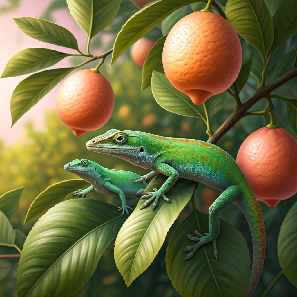 Hyperrealistic Watercolor of Green Anole Lizards in Lemon Tr...