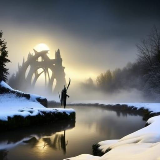 Gothic Grim Reaper at Winter Waterfall