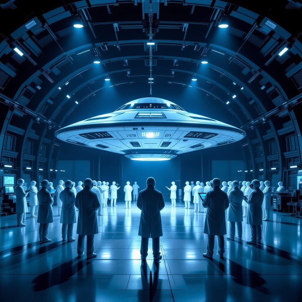 Futuristic UFO in Area 51 Hangar