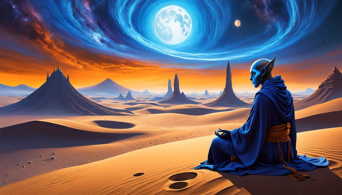 Alien Monk Meditating in Cosmic Desert