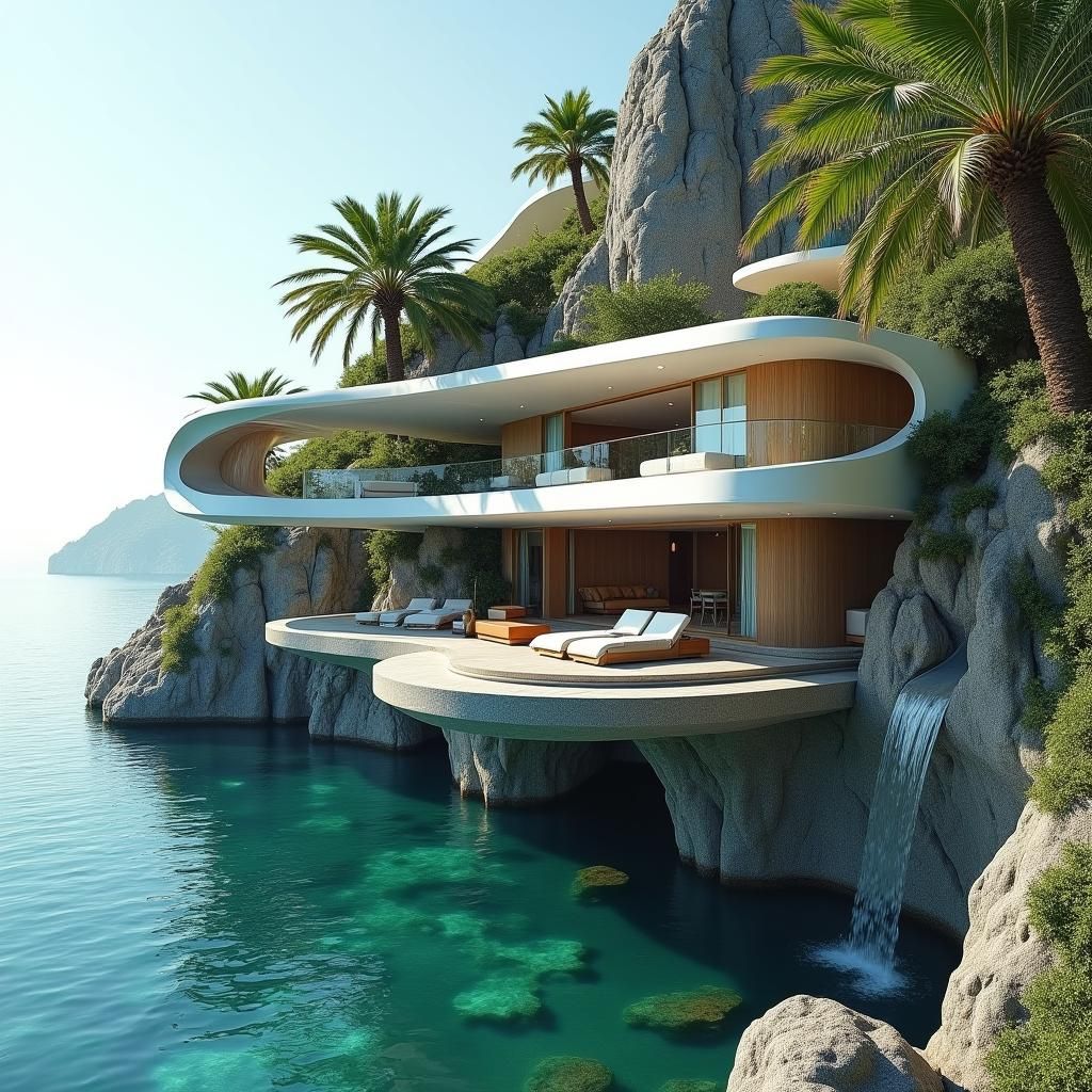 Futuristic Cliffside Estate with Oasis in Hyperrealistic Sty...