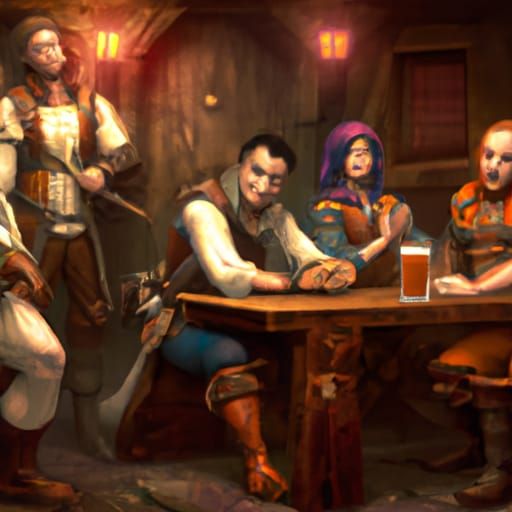 Fantasy Adventurers in Tavern, Detailed Matte Painting