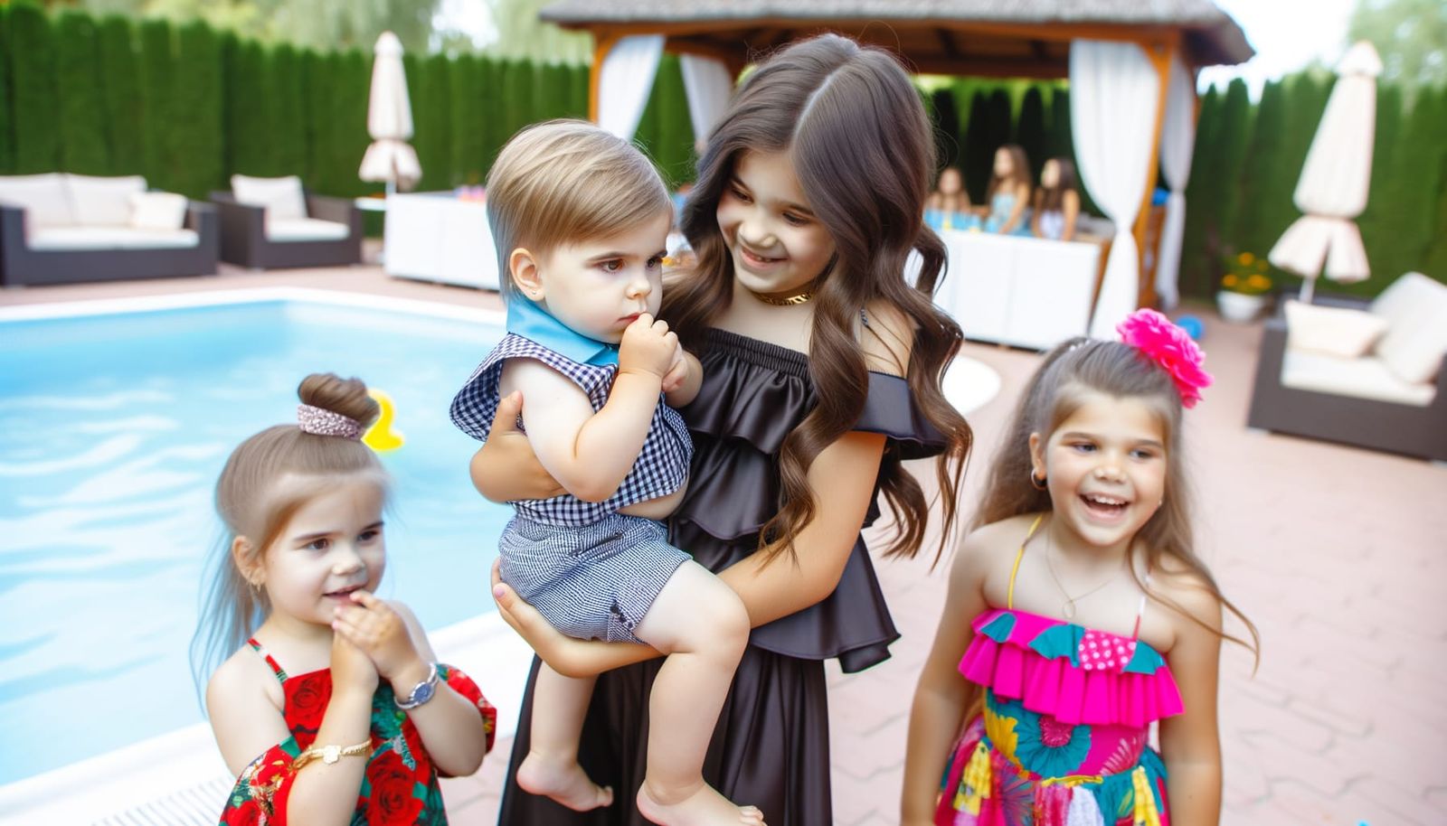 Girl Cradling Toddler at Birthday Party