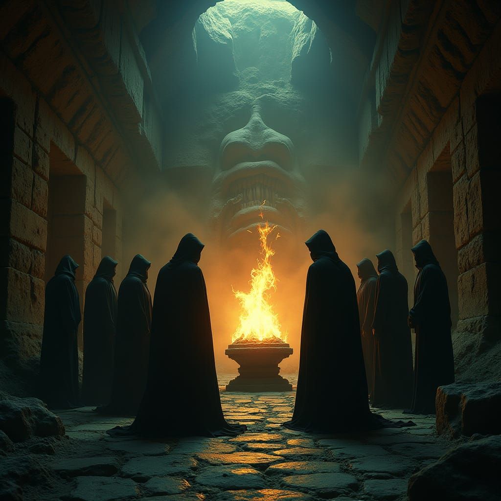 A hidden chamber beneath the ruins of an ancient temple, whe...