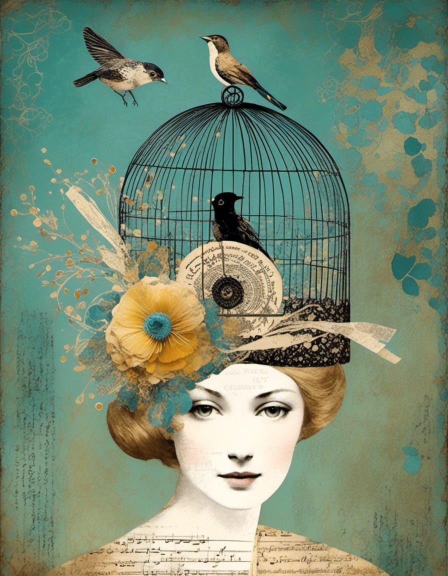 Elegant Woman With Bird Cage Hat Mixed Media Collage