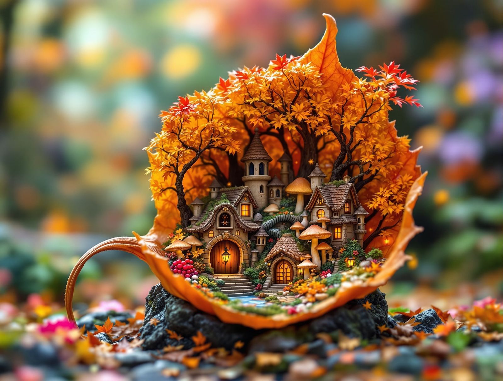 Fantasy Autumn Fairy Village Inside a Leaf