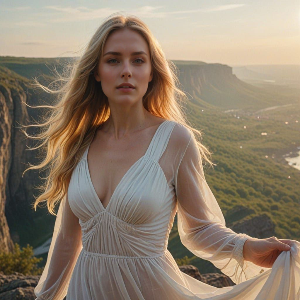 Ethereal Woman in White Dress at Sunset
