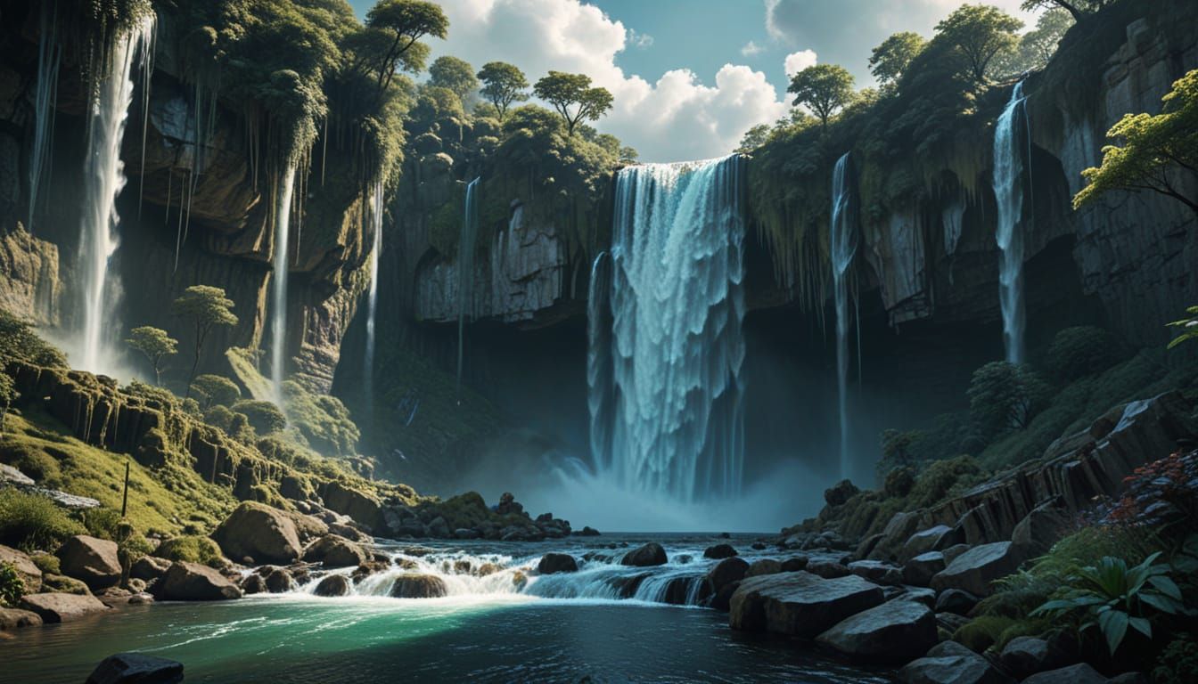 Ethereal Wilderness Masterpiece with Towering Waterfall