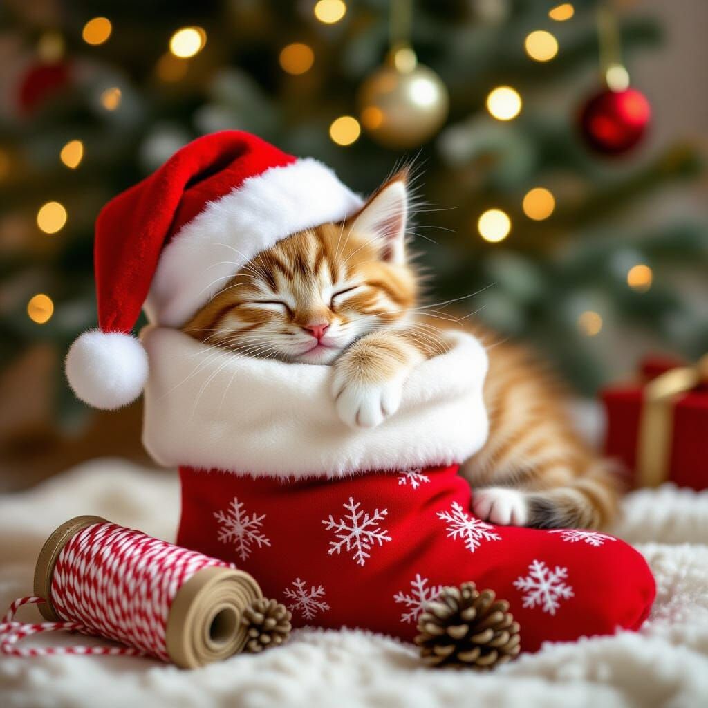Cute Christmas Kitten Sleeps in Festive Stocking