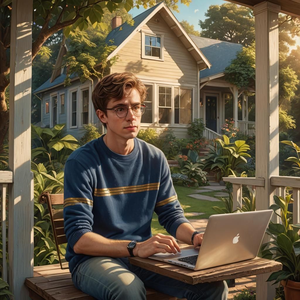 Young Man on Porch in Fantasy Concept Art