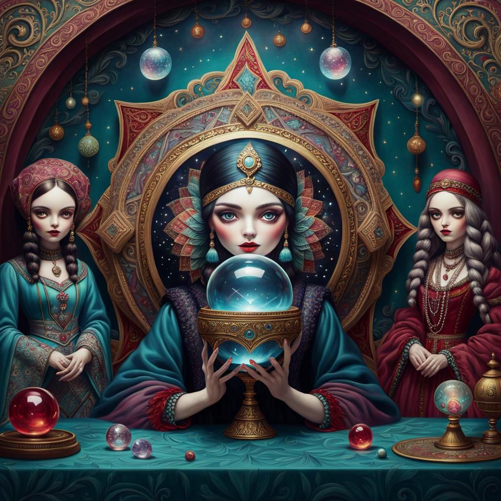 Mark Ryden inspired fortune teller with a mystical crystal b...