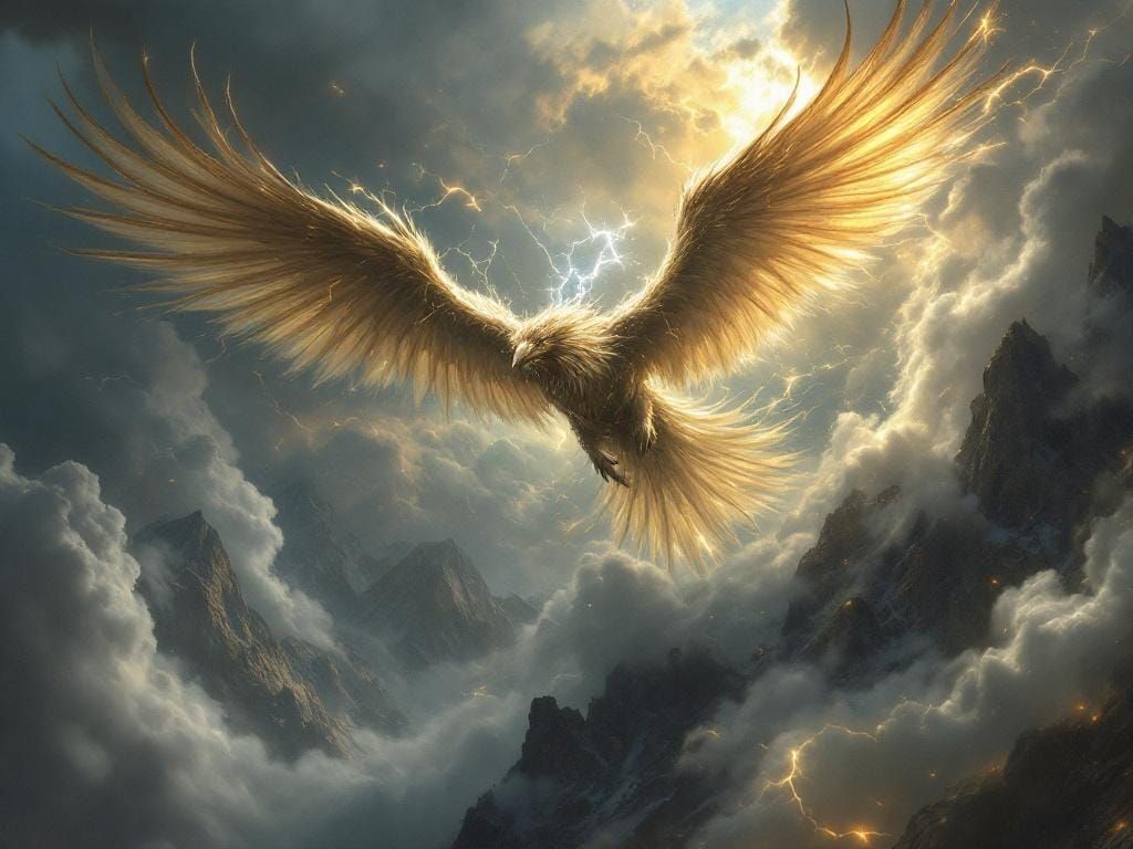 Griffin Soaring Through Stormy Sky in Hyperrealistic Style