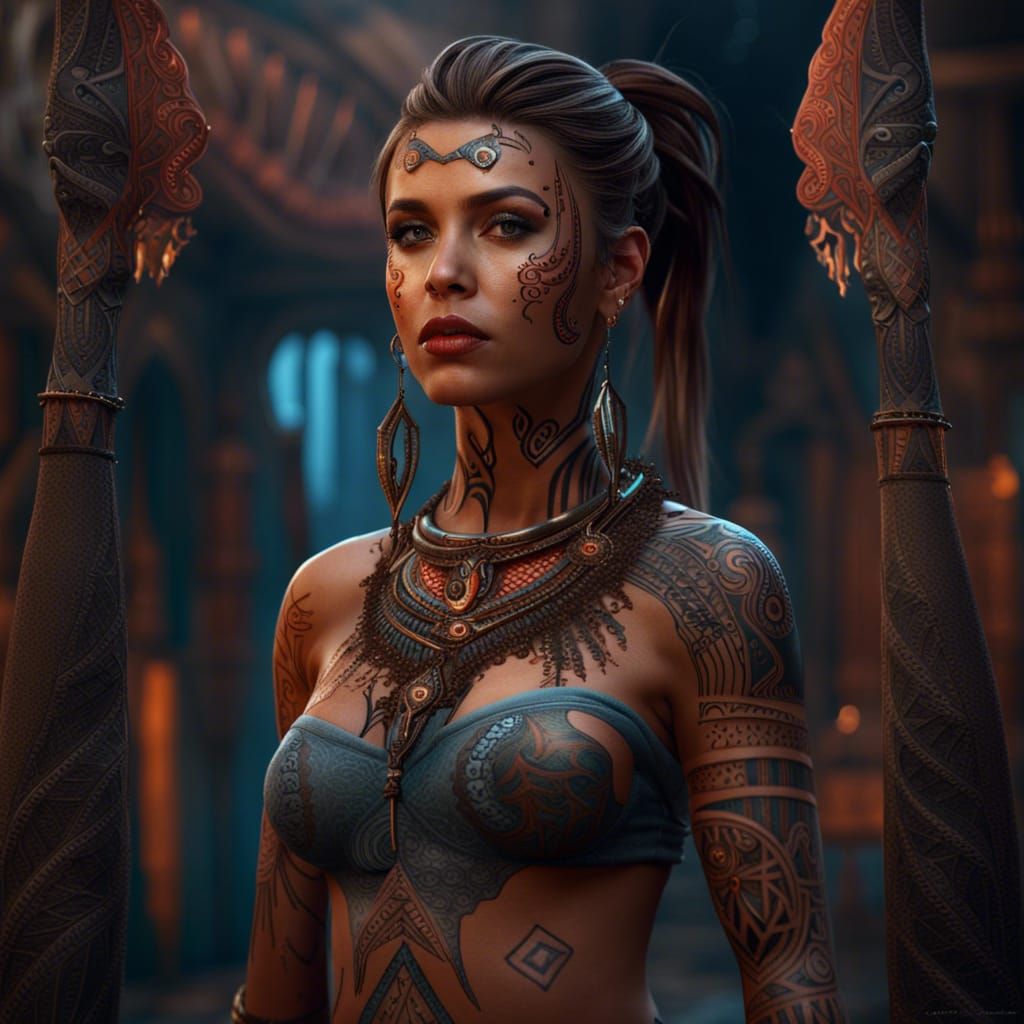 Woman with Tribal Tattoos: Detailed Fantasy Art