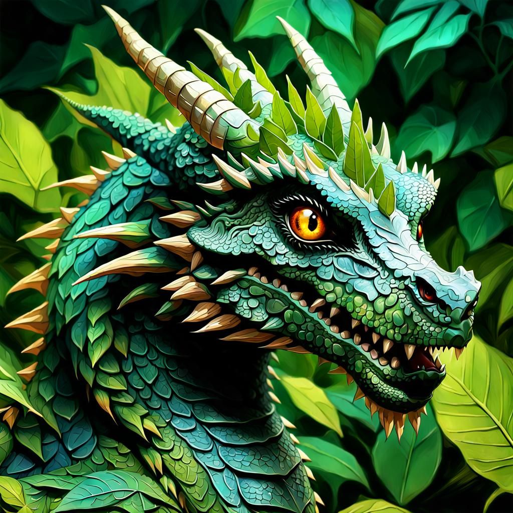 Anime Jungle Dragon Portrait with Leaf Spikes