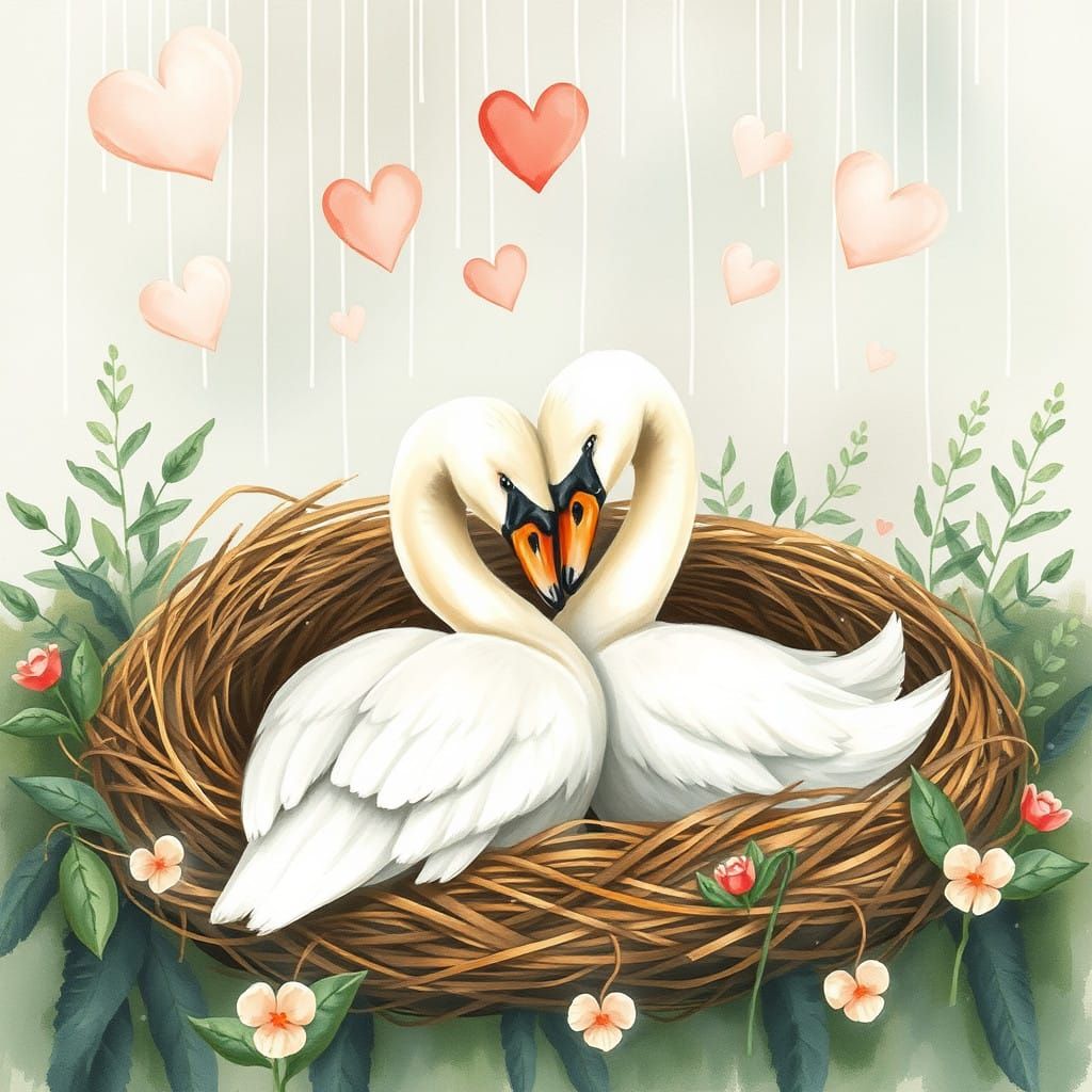 Softly Luminous Swans in Cozy Nest, Beatrix Potter-Inspired....