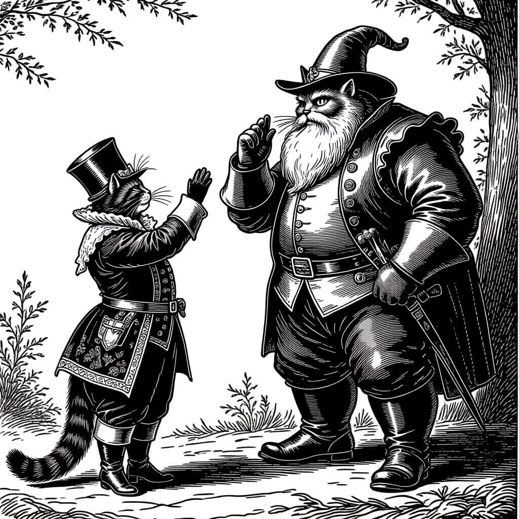 Cat in Boots Greyscale Engraving of Gargantua