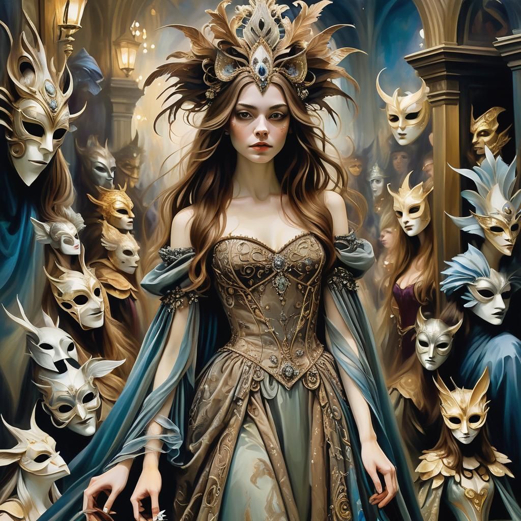 Mysterious Masquerade Ball: Dreamlike Oil Painting