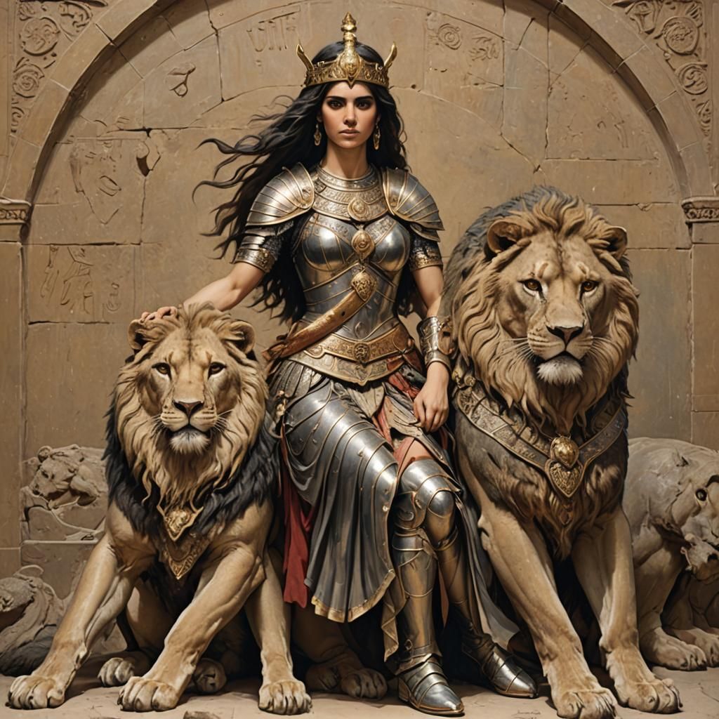 Ishtar in Armor with Lion Companion