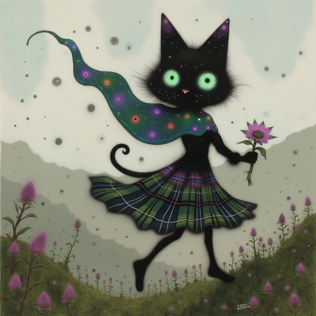 Mystical Cat in Ancient-Buchanan Tartan Kilt Amidst Heather