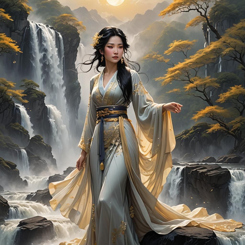 Asian Woman at Cloud Waterfall in Duotone