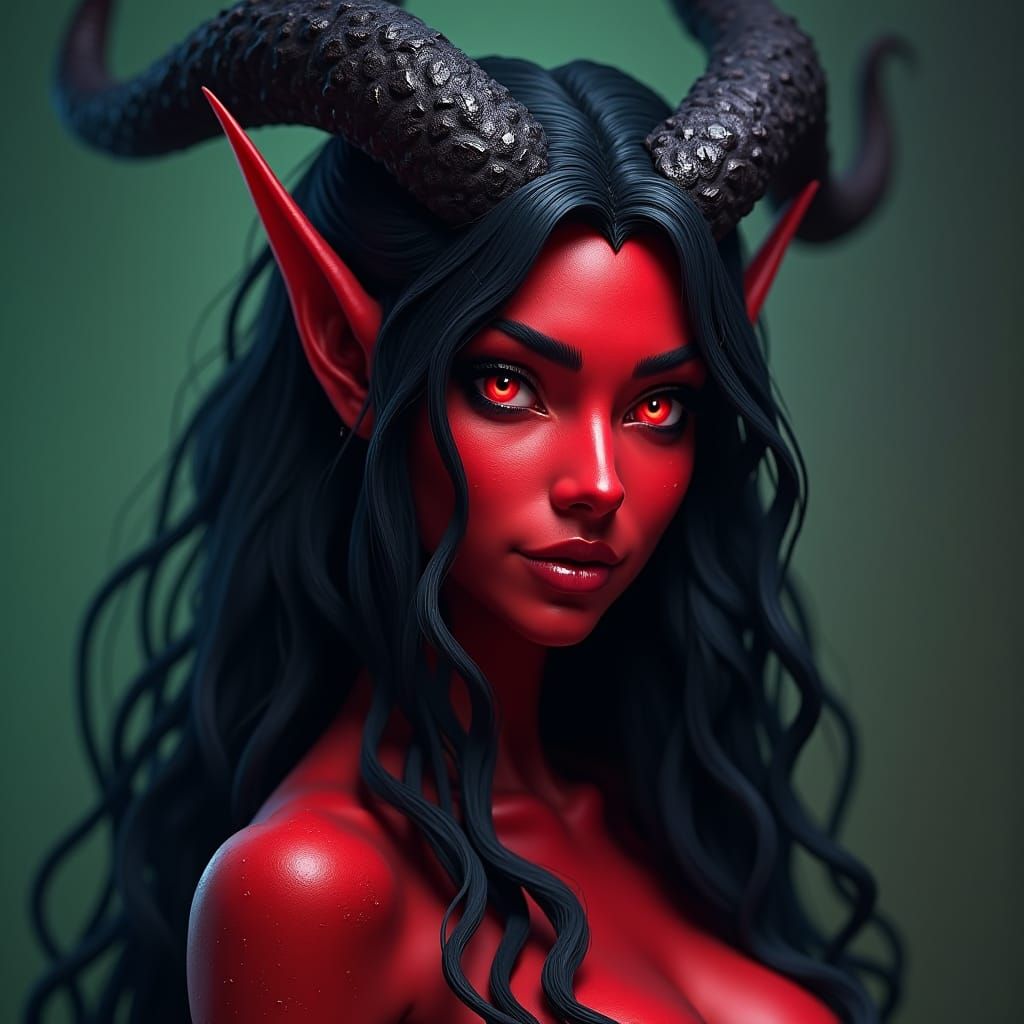 Stunning Red Tiefling with Black Horns: Fantasy Art