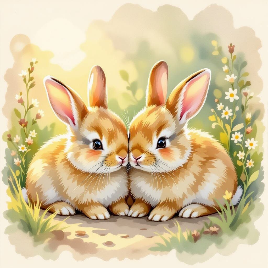 Two Baby Bunnies in Vintage Storybook Style