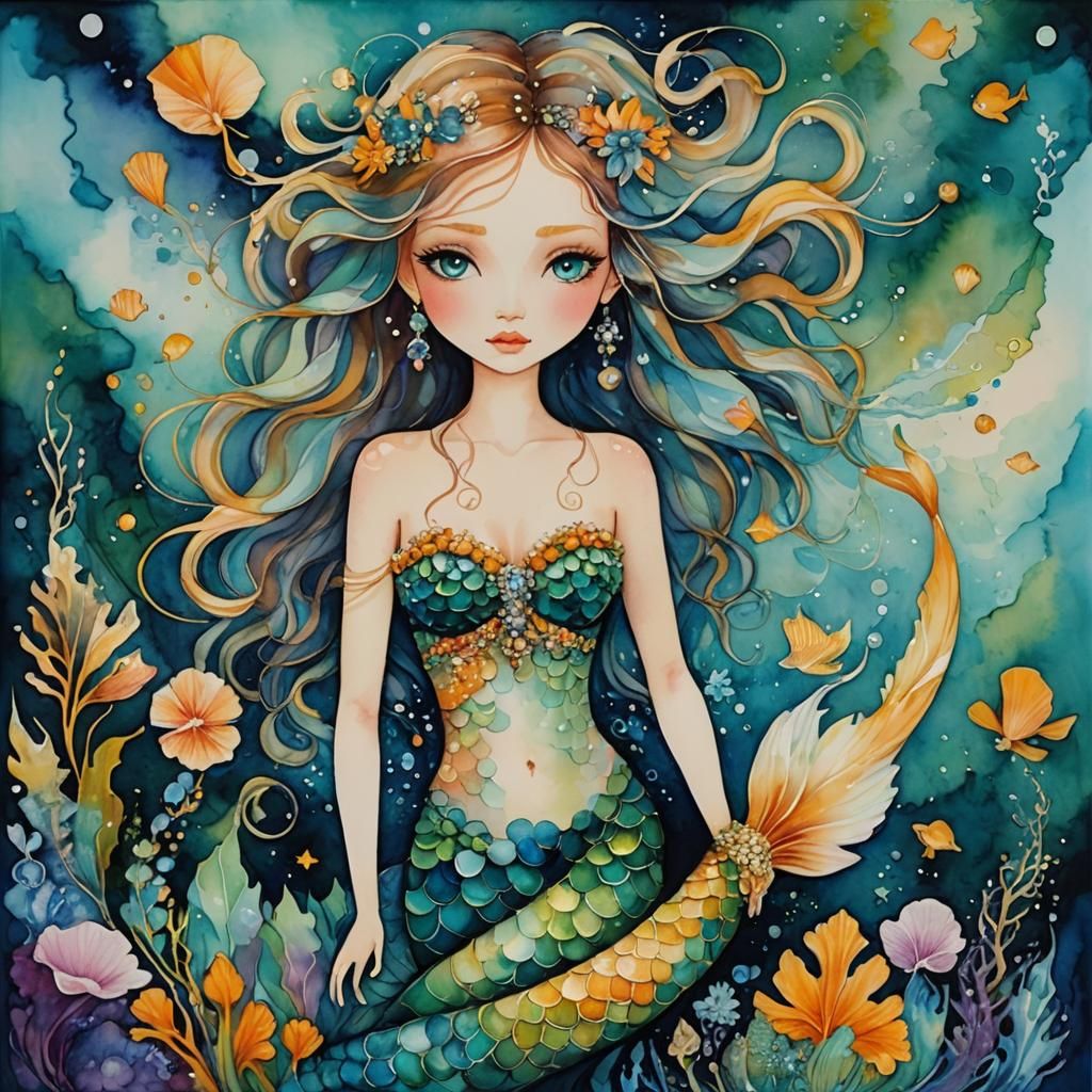Crystalline Mermaid in Mixed Media Style