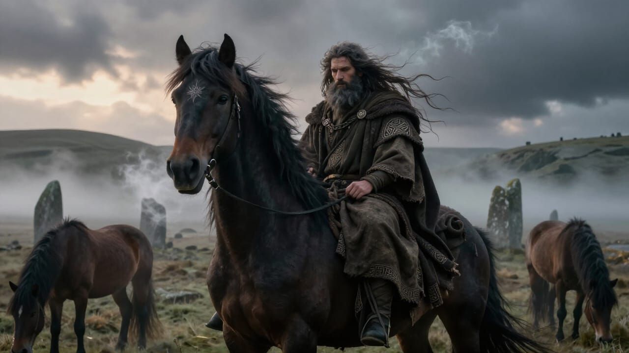 Dagda, Irish God of Abundance, with Mythic Horses