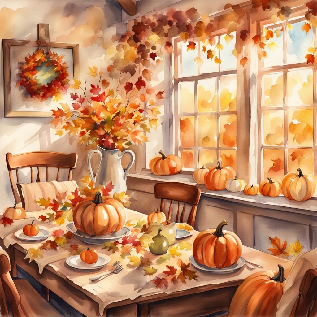 Cozy Thanksgiving Farmhouse in Watercolor Style
