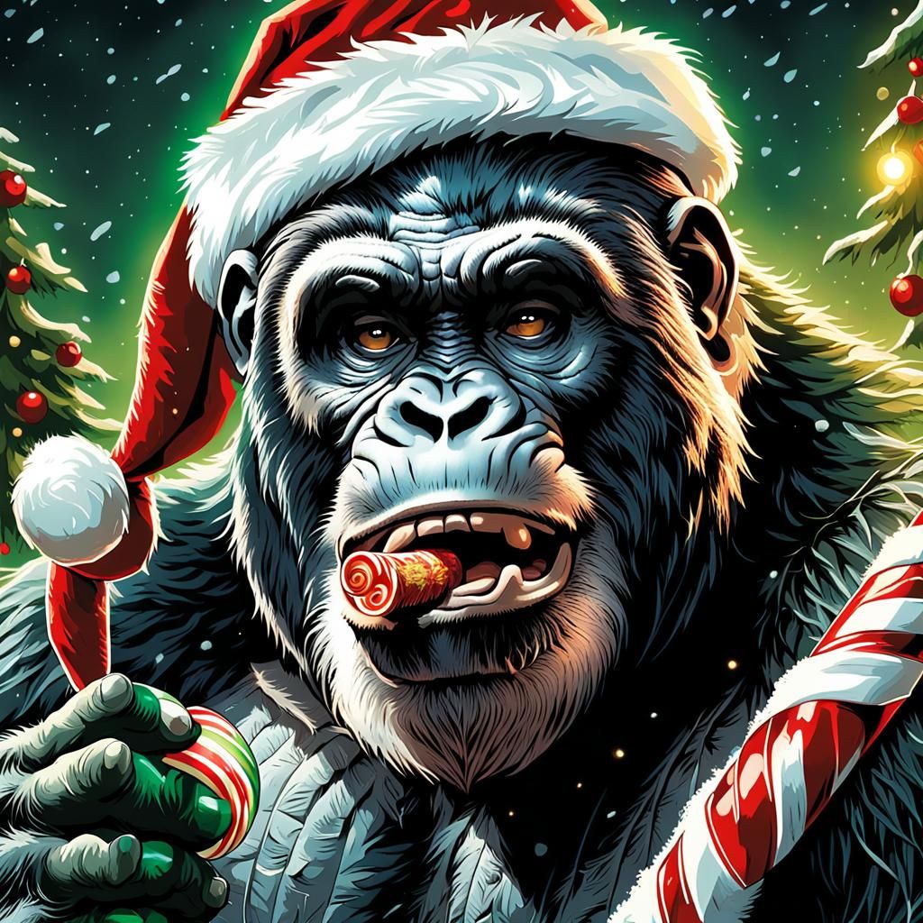 Festive Ape Santa Claus Portrait in Comic Book Style