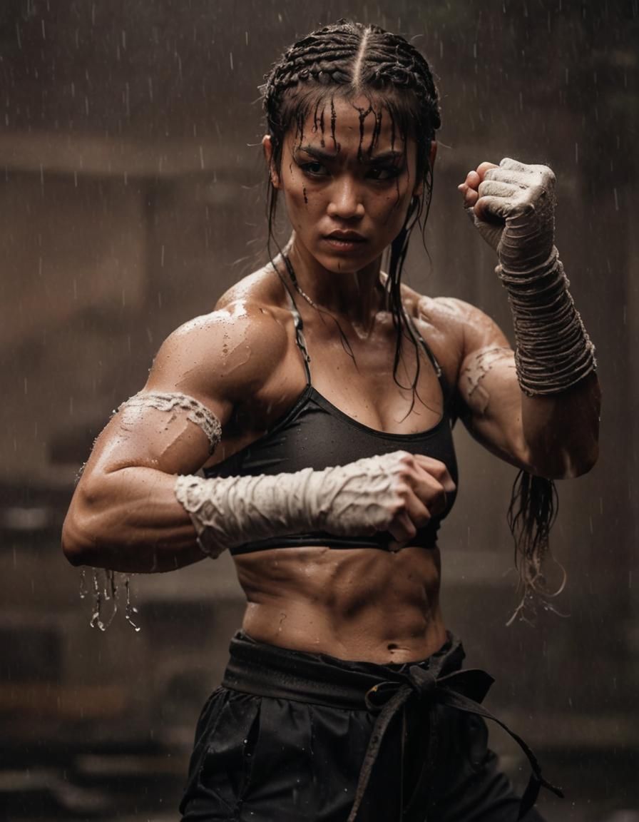 Gorgeous Martial Arts Woman Fighter Training in Rain
