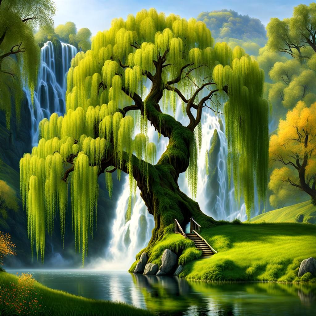 Weeping Willow and Waterfall: Whimsical AI Art
