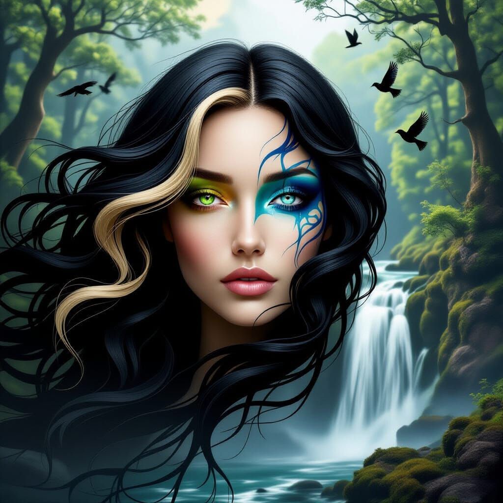 Surreal Woman with Heterochromatic Eyes and Waterfall