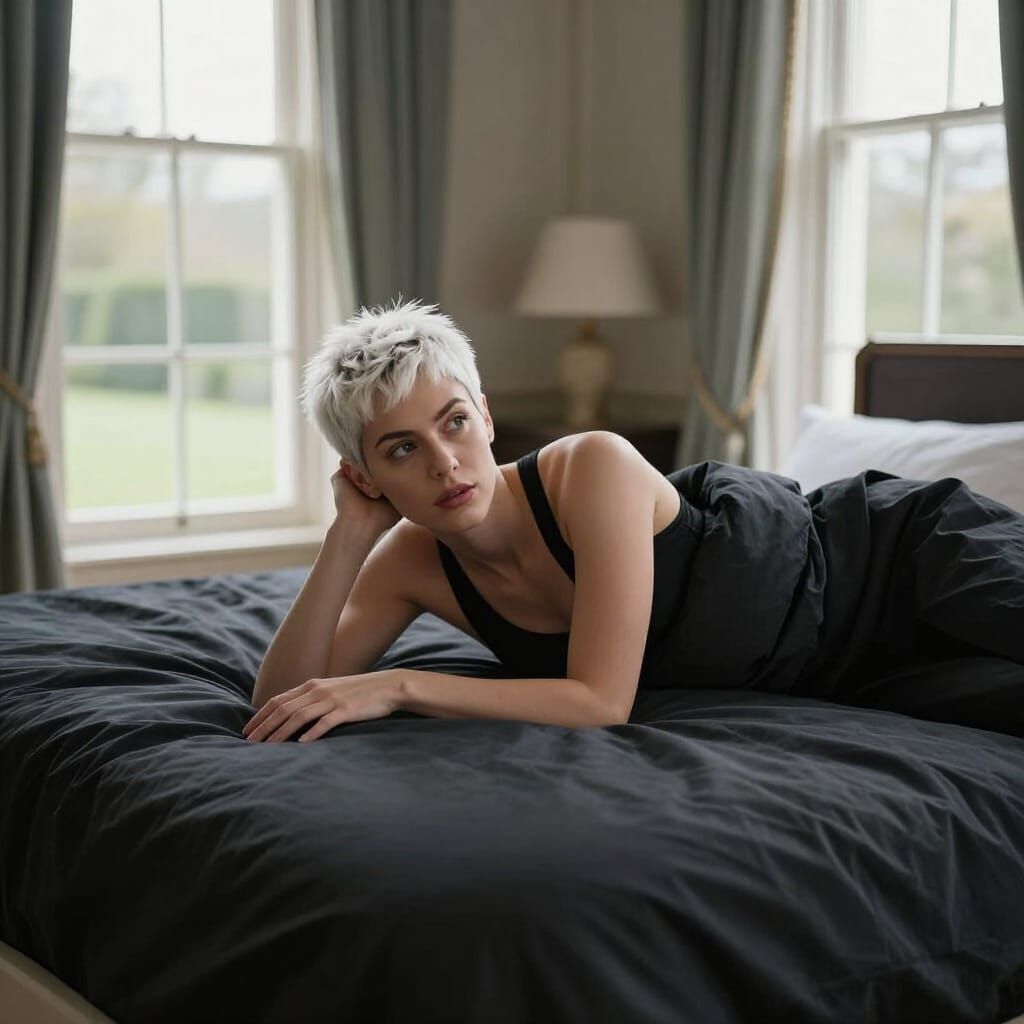 Woman Waking in Luxury Bed, Early Morning Light