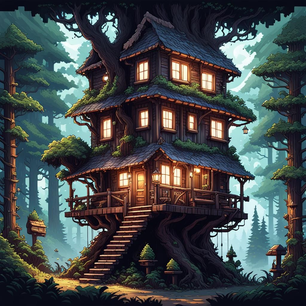 8-bit Pixel Art Treehouse in Dark Forest