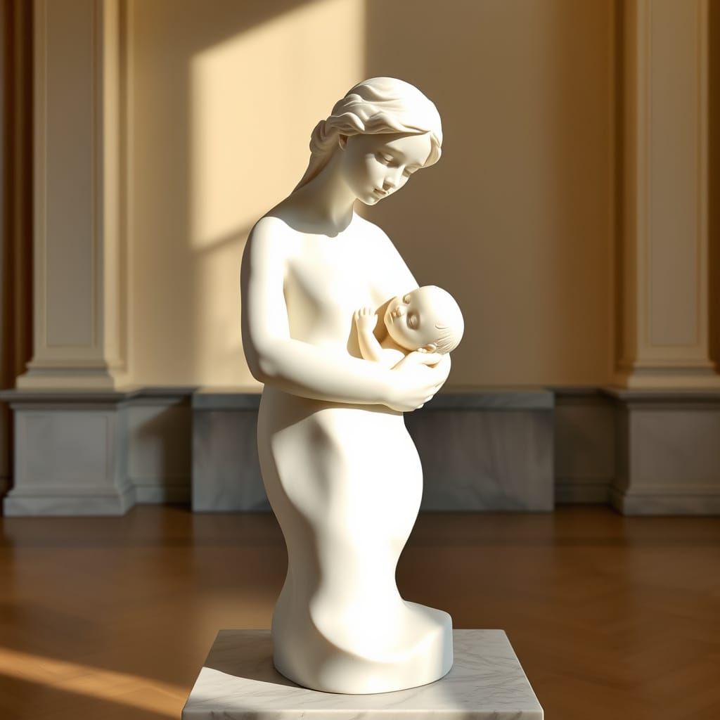 Mother and Child Sculpture in Marble, Inspired by Modern Mas...