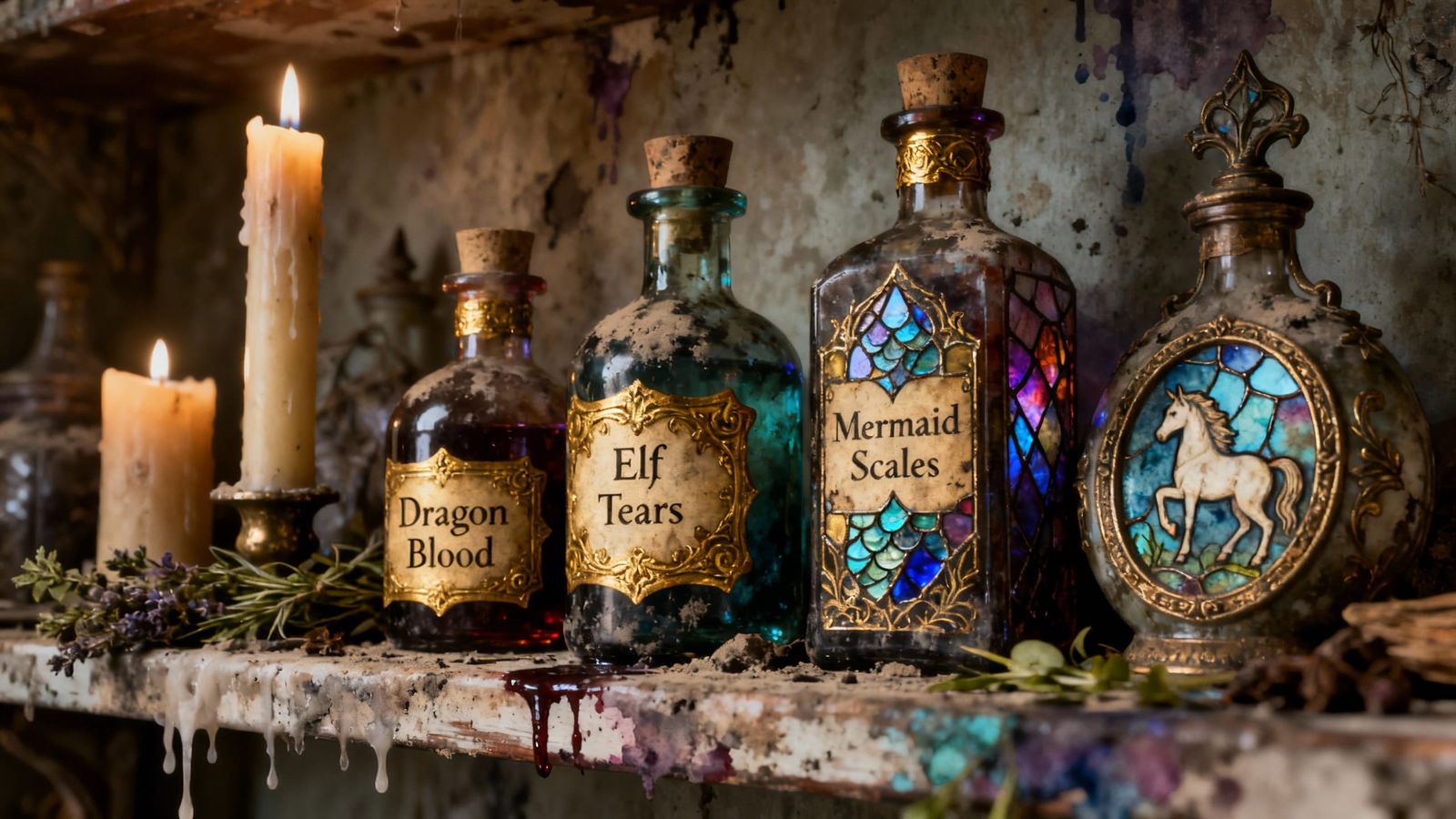 Antique Potion Bottles with Fantasy Labels