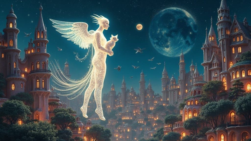 Surreal Cityscape with Bioluminescent Figure and Cosmic Sky