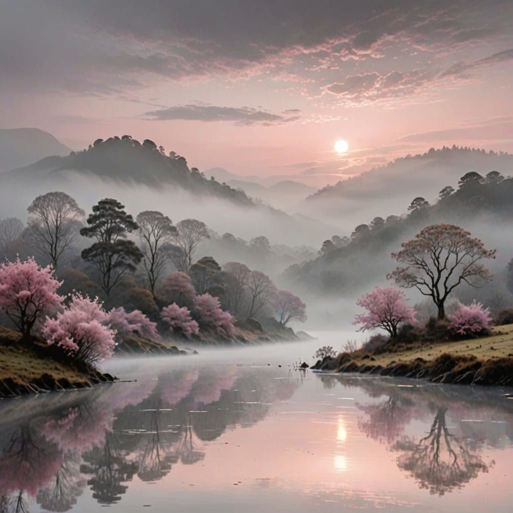 Ethereal Misty Scene in Metallic Hues