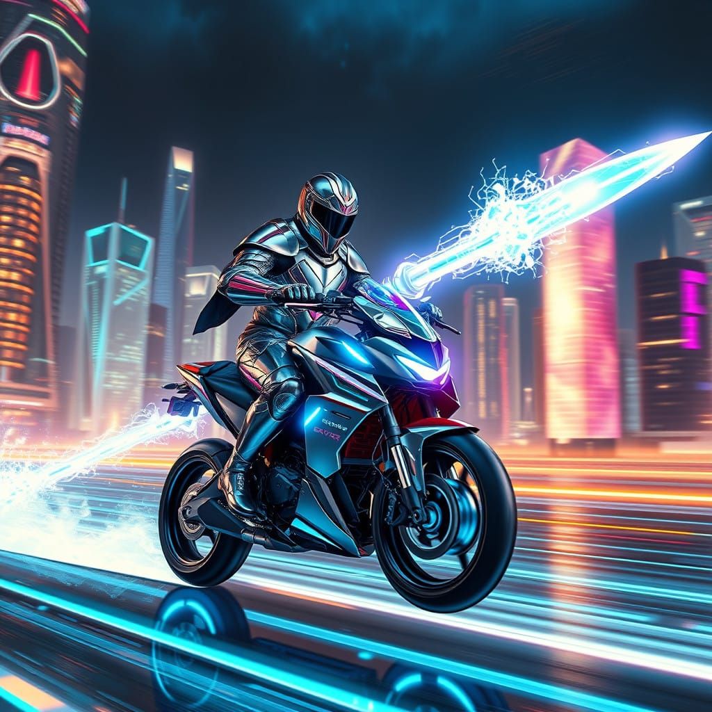 Futuristic Knight Charging with Digital Lance in Neon-Lit Ci...