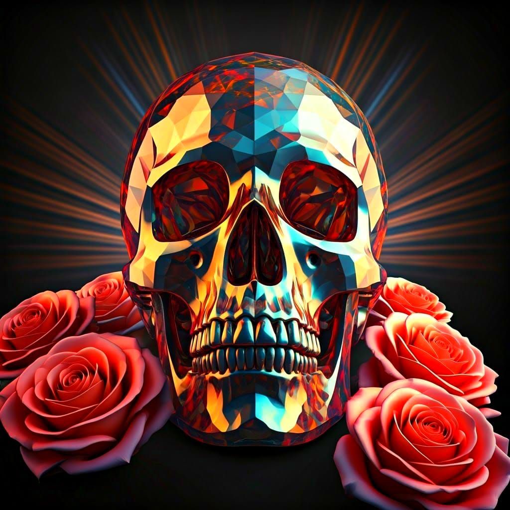 Rainbow Crystal Skull on Roses, Art Nouveau Style
